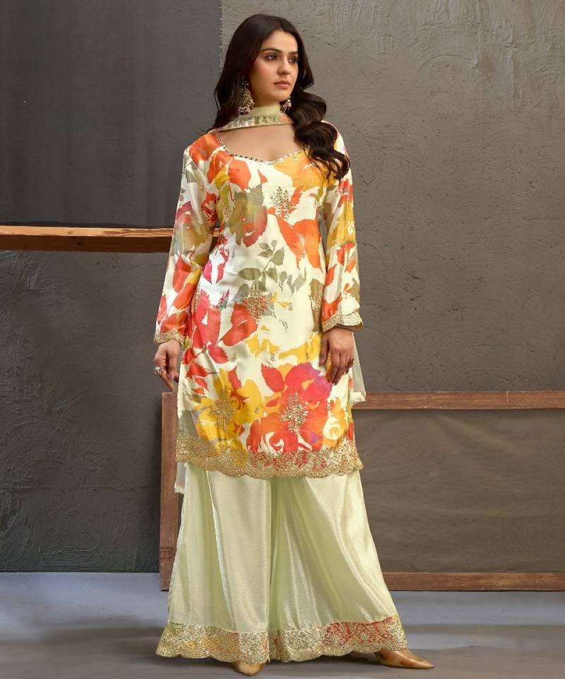 White chinon readymade suit with embroidery work