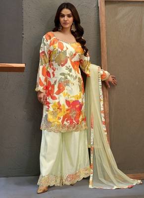 White chinon readymade suit with embroidery work 5