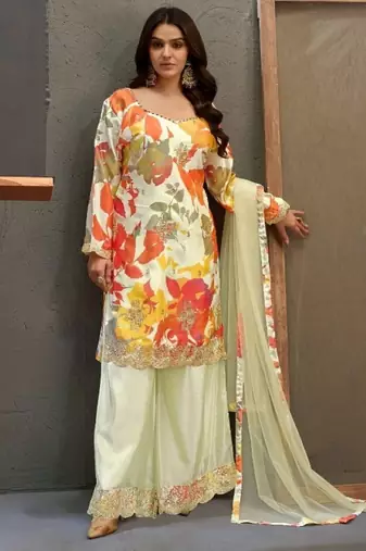 White chinon readymade suit with embroidery work