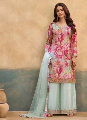 Sky chinon readymade suit with embroidery work 1