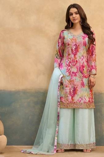 Sky chinon readymade suit with embroidery work
