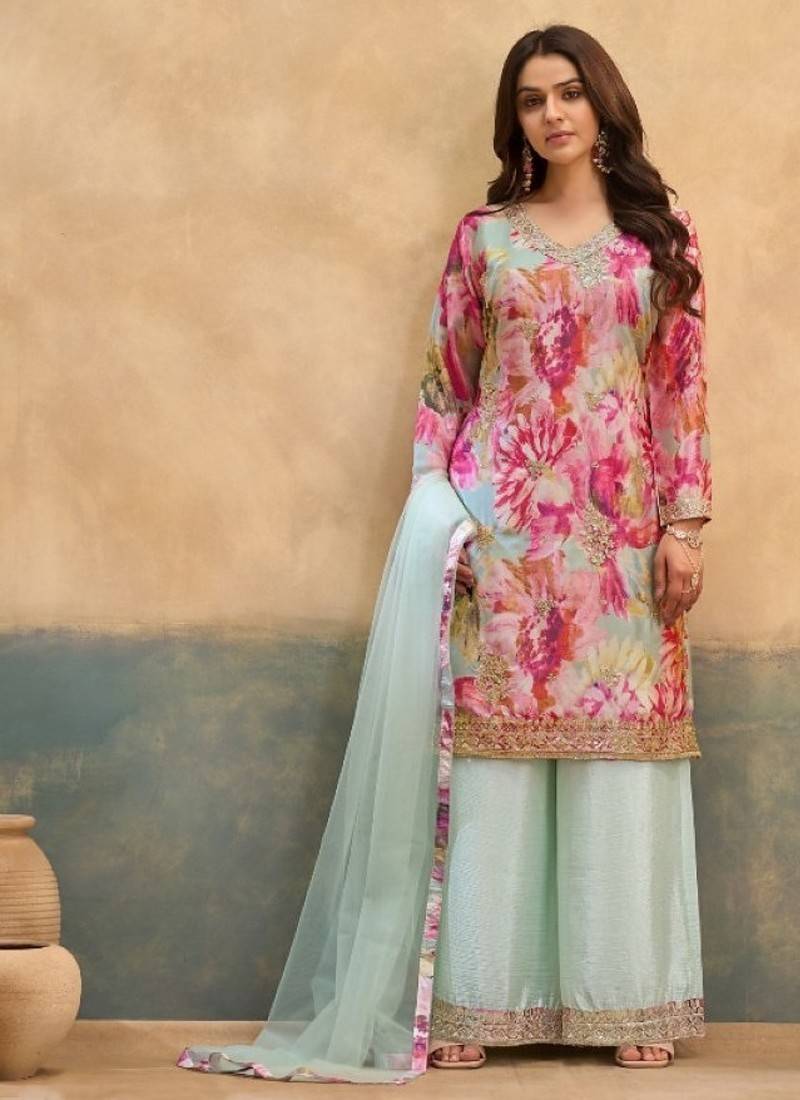 Sky chinon readymade suit with embroidery work
