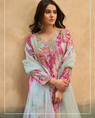 Sky chinon readymade suit with embroidery work 4