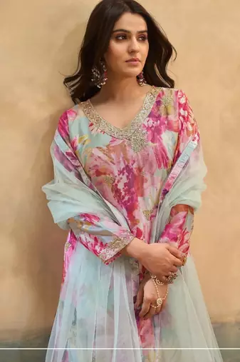 Sky chinon readymade suit with embroidery work