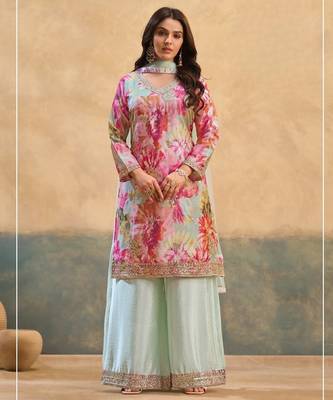 Sky chinon readymade suit with embroidery work 5