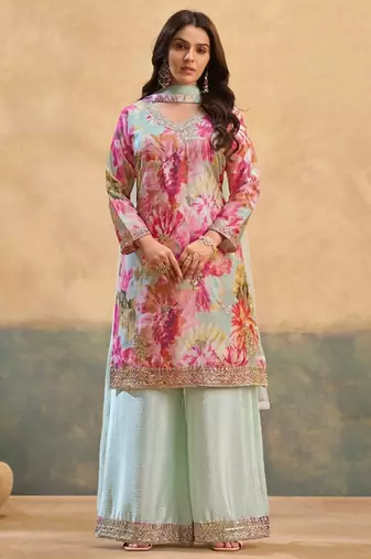 Sky chinon readymade suit with embroidery work