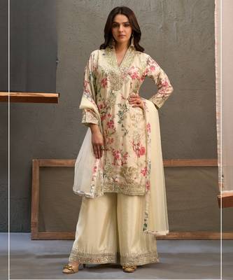 Beige chinon readymade suit with embroidery work 1