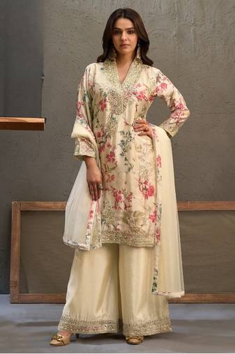 Beige chinon readymade suit with embroidery work