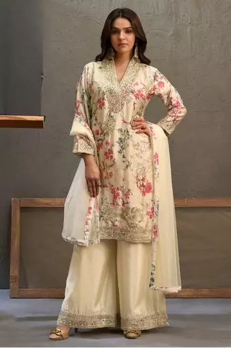 Beige chinon readymade suit with embroidery work