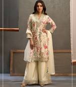 Beige chinon readymade suit with embroidery work