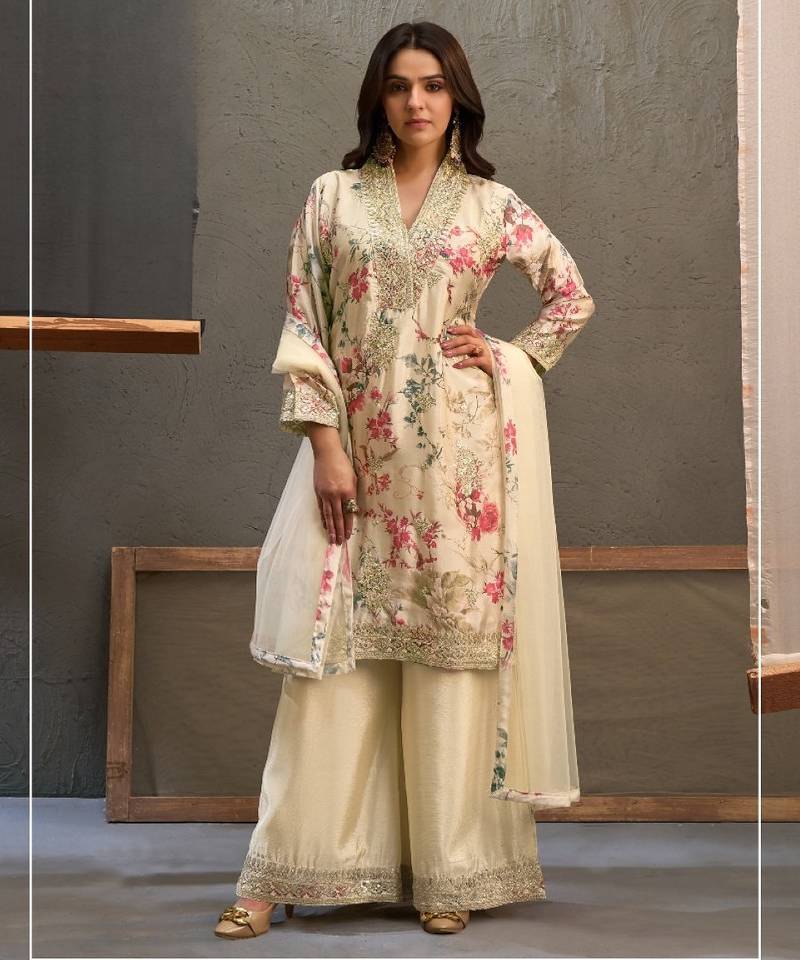 Beige chinon readymade suit with embroidery work