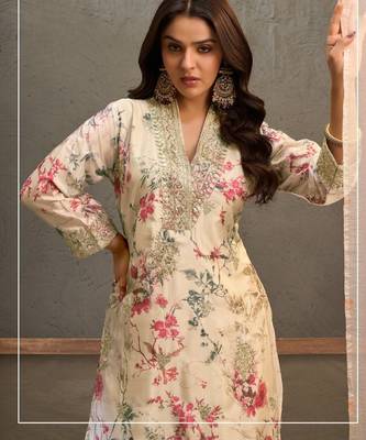 Beige chinon readymade suit with embroidery work 4