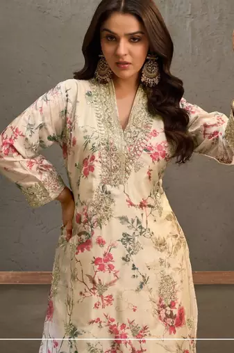 Beige chinon readymade suit with embroidery work