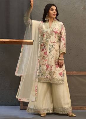 Beige chinon readymade suit with embroidery work 5