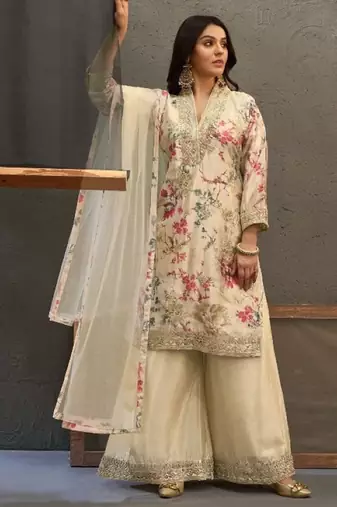 Beige chinon readymade suit with embroidery work