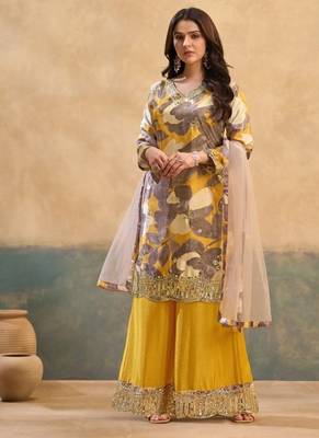 Yellow chinon readymade suit with embroidery work 1