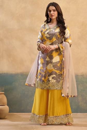Yellow chinon readymade suit with embroidery work