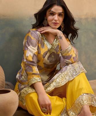 Yellow chinon readymade suit with embroidery work 4