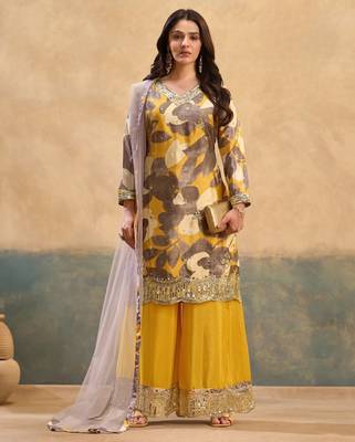 Yellow chinon readymade suit with embroidery work 5