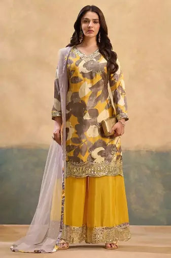 Yellow chinon readymade suit with embroidery work