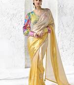 cream & yellow faux organza saree with floral printed blouse & zari border