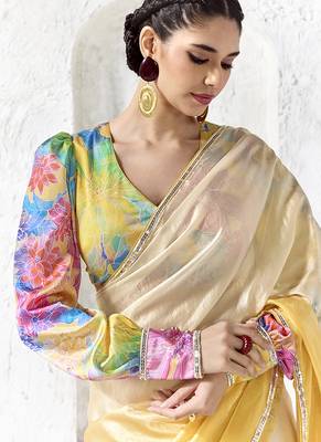 cream & yellow faux organza saree with floral printed blouse & zari border 2