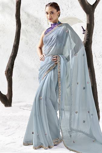 sky blue faux organza embroidered saree