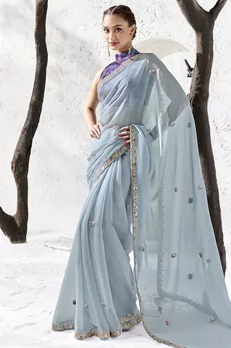 sky blue faux organza embroidered saree