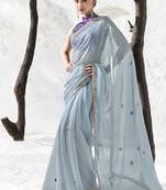 sky blue faux organza embroidered saree