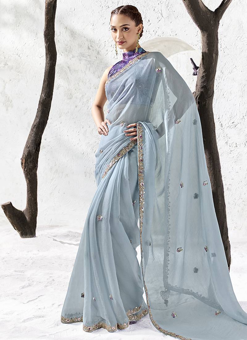 sky blue faux organza embroidered saree