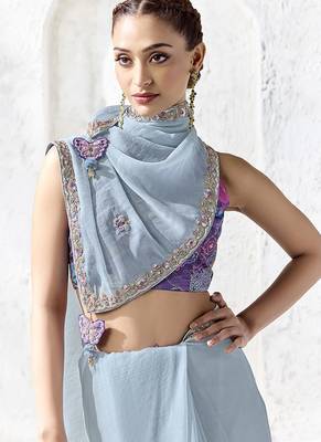 sky blue faux organza embroidered saree 2