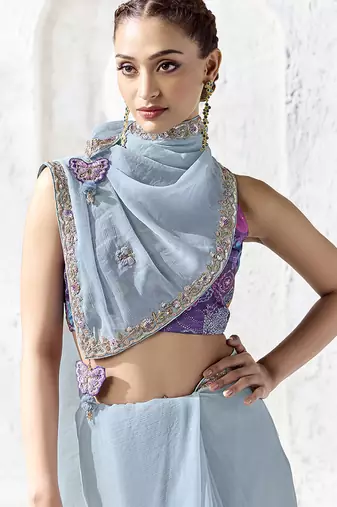 sky blue faux organza embroidered saree