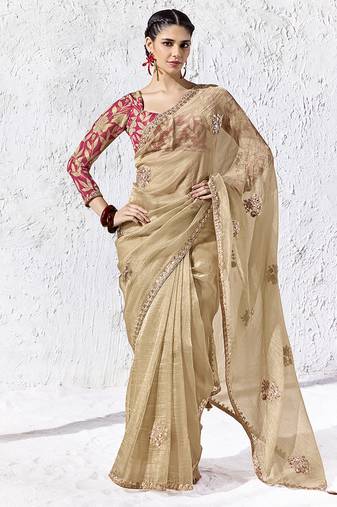 beige faux tissue embroidered saree