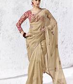 beige faux tissue embroidered saree