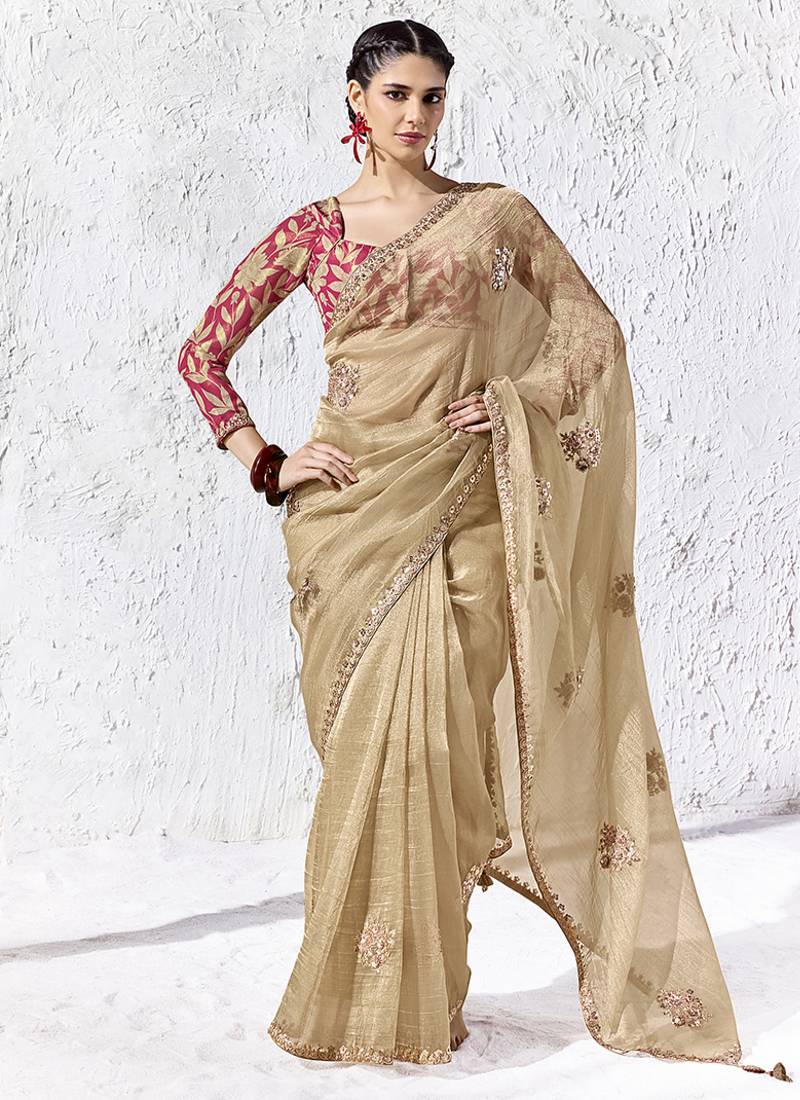 beige faux tissue embroidered saree