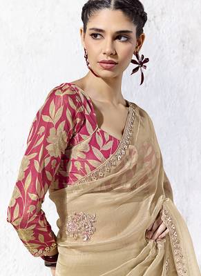 beige faux tissue embroidered saree 2