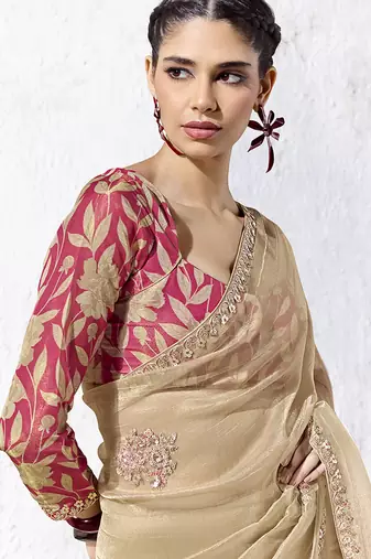 beige faux tissue embroidered saree