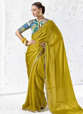 mustard yellow faux tissue saree with zari border & printed blouse 1