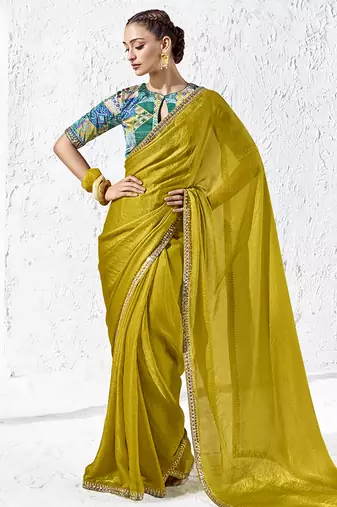 mustard yellow faux tissue saree with zari border & printed blouse