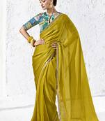mustard yellow faux tissue saree with zari border & printed blouse