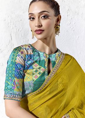 mustard yellow faux tissue saree with zari border & printed blouse 2