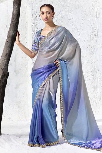 light blue faux organza saree with embroidered border