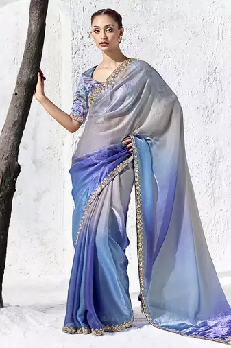 light blue faux organza saree with embroidered border