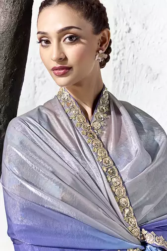 light blue faux organza saree with embroidered border
