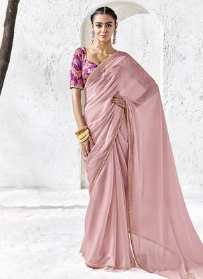 light pink faux georgette saree with golden zari border 1