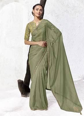olive green faux georgette embroidered saree with designer blouse 1