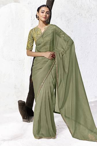 olive green faux georgette embroidered saree with designer blouse
