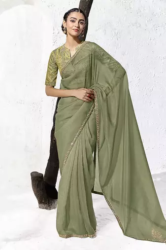 olive green faux georgette embroidered saree with designer blouse