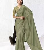 olive green faux georgette embroidered saree with designer blouse