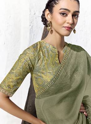 olive green faux georgette embroidered saree with designer blouse 2
